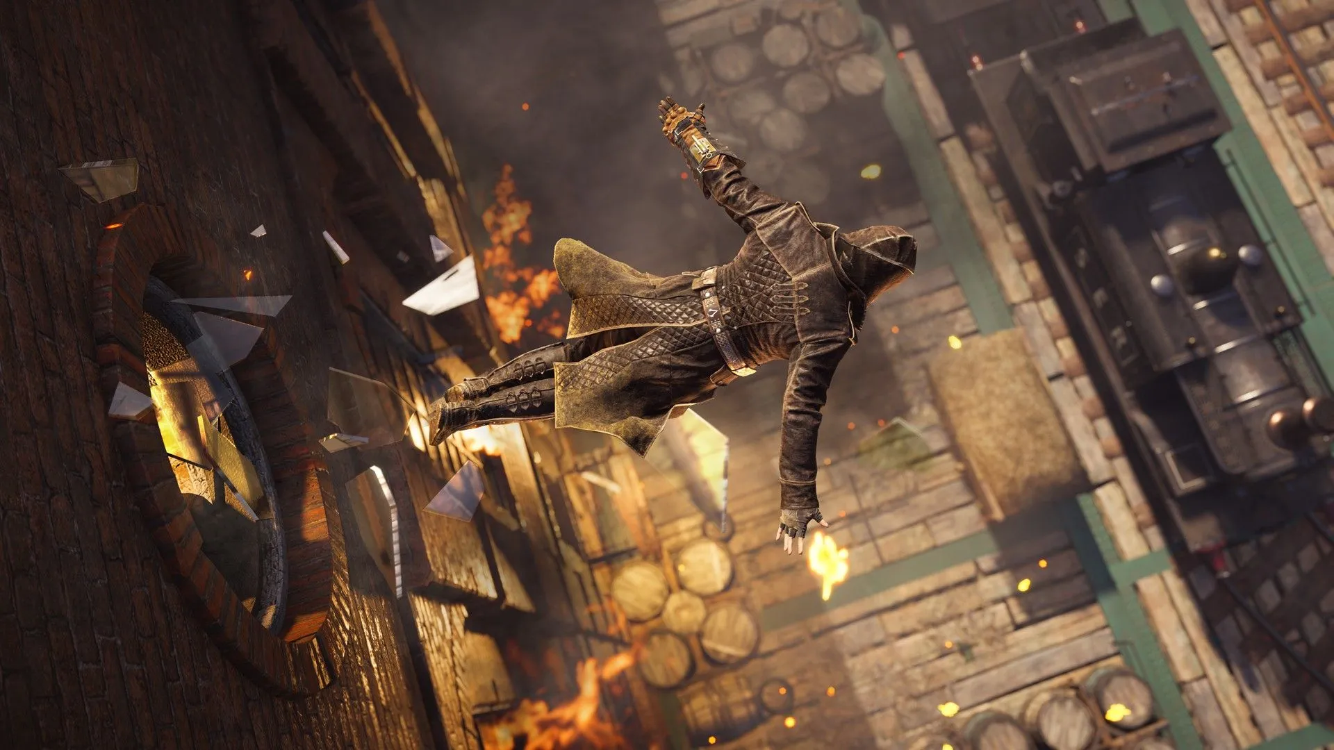 Jacob Frye từ Assassin's Creed Syndicate thực hiện cú Leap of Faith ấn tượng từ trên cao xuống đống rơm cạnh đường tàu, thể hiện sự mạo hiểm và đột phá trong gameplay các game AAA thời đó