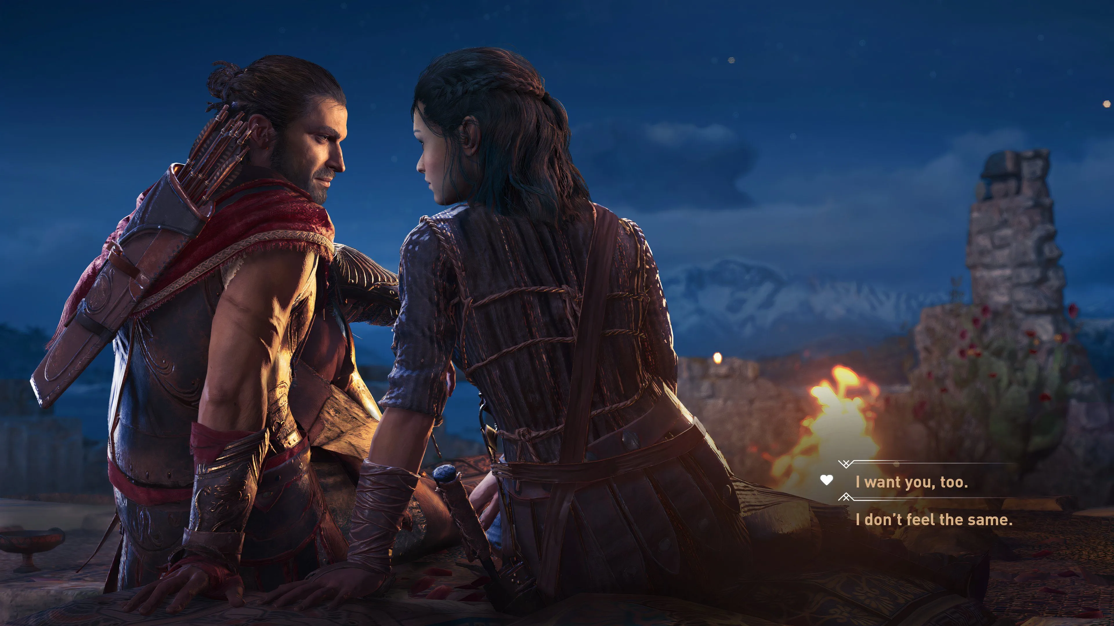 Kassandra đưa ra một lựa chọn lãng mạn trong Assassin's Creed Odyssey, minh họa yếu tố RPG về sự lựa chọn của người chơi
