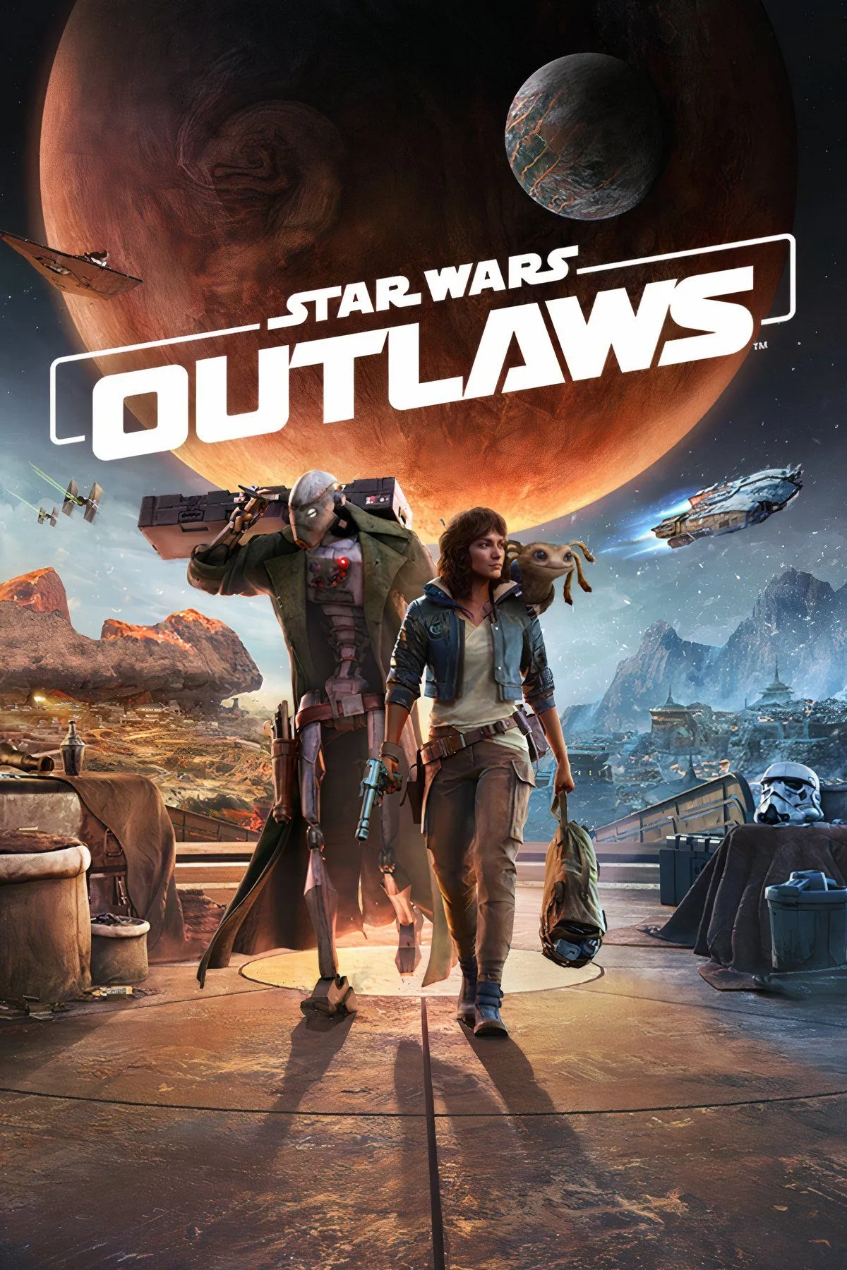 Kay Vess điều khiển Speeder Bike trên hành tinh sa mạc trong Star Wars Outlaws