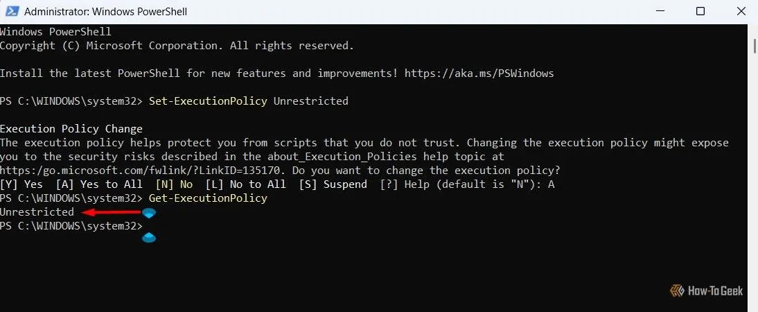 Kết quả hiển thị Unrestricted trong PowerShell xác nhận đã thiết lập chính sách thực thi script thành công