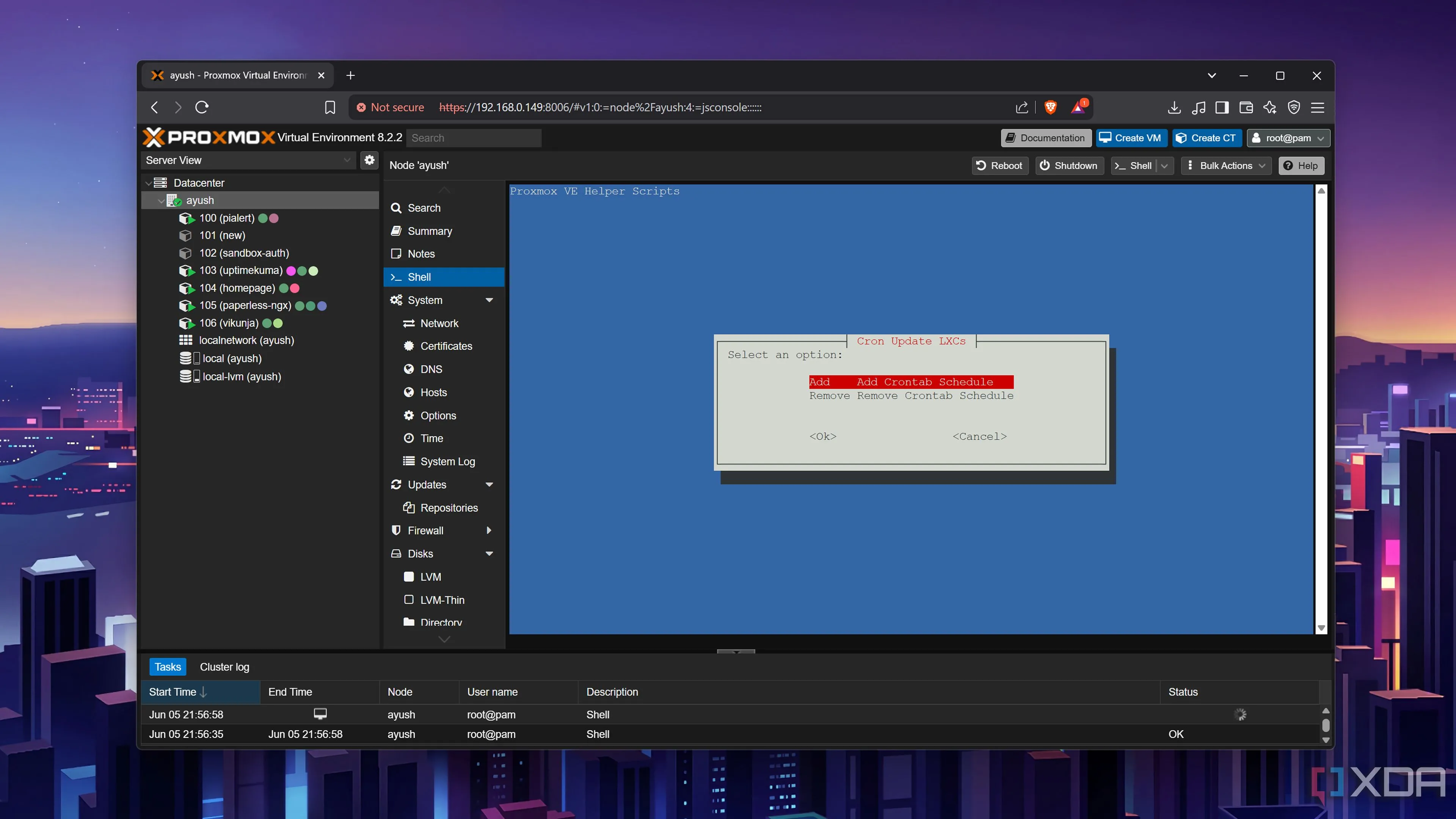 Kết quả thực thi script Proxmox VE Cron LXC Updater, hiển thị việc tự động cập nhật các container LXC định kỳ thông qua Cron job.