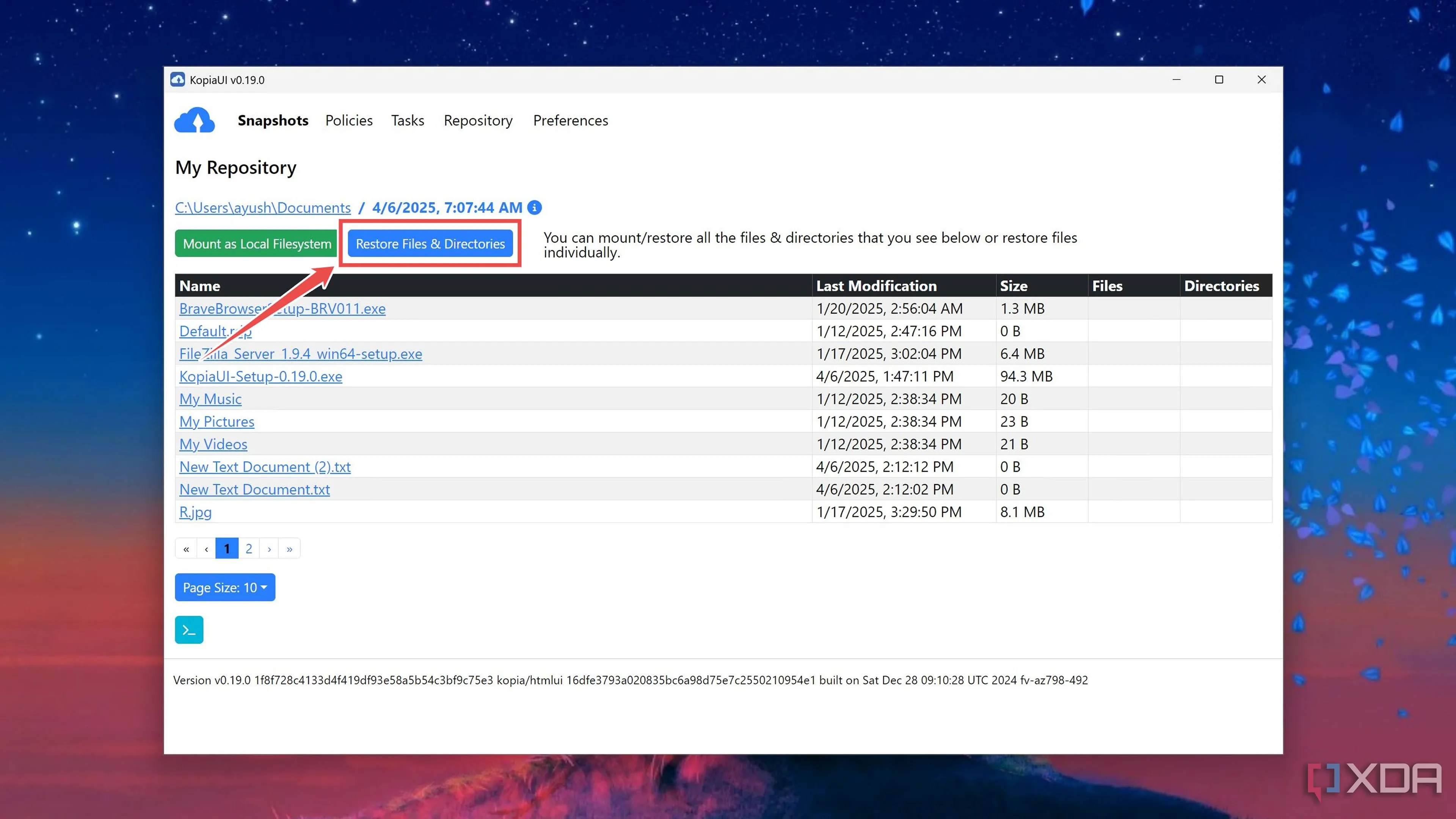 Khôi phục toàn bộ tệp và thư mục từ snapshot Kopia bằng nút Restore Files &amp; Directories.