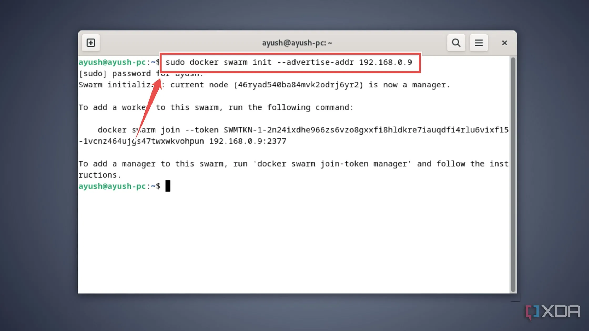 Khởi tạo Docker Swarm trên node manager bằng lệnh docker swarm init
