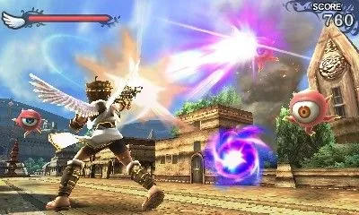 Kid Icarus Uprising: Pit đang bắn trong một cảnh chiến đấu trên không