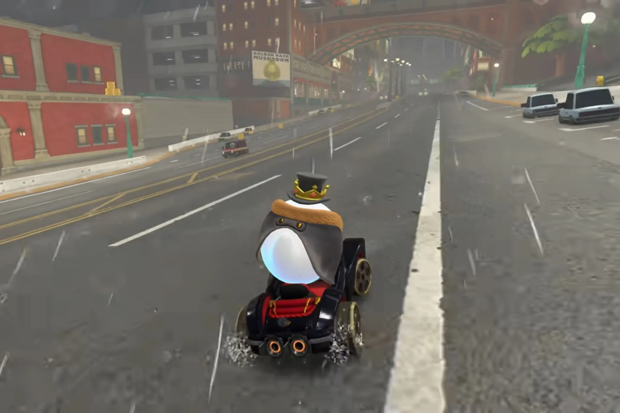 King Boo lái xe qua đường đua Crown City trong cơn mưa dữ dội của Mario Kart World