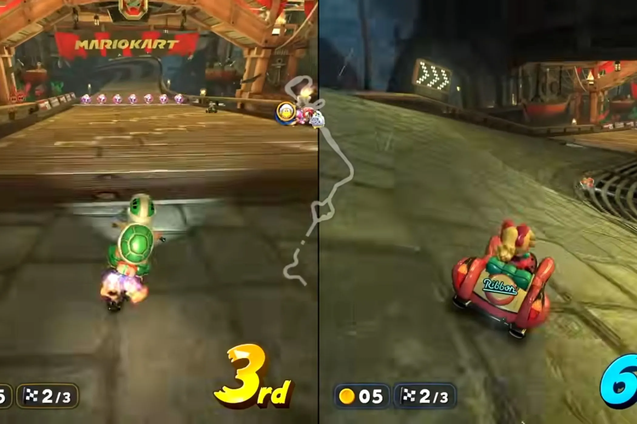 Koopa và Peach đua xe trong đường đua Wario Shipyard đầy thử thách của Mario Kart World