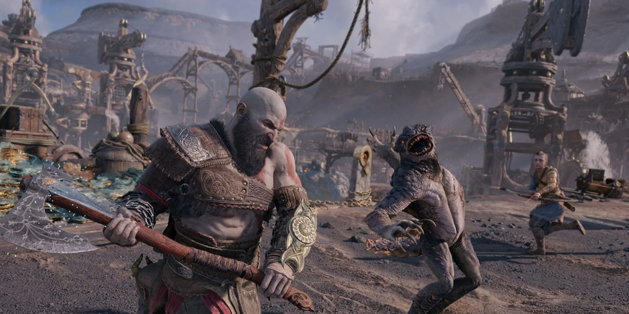 Kratos chiến đấu với quái vật cùng sự hỗ trợ của Atreus trong God of War Ragnarok.