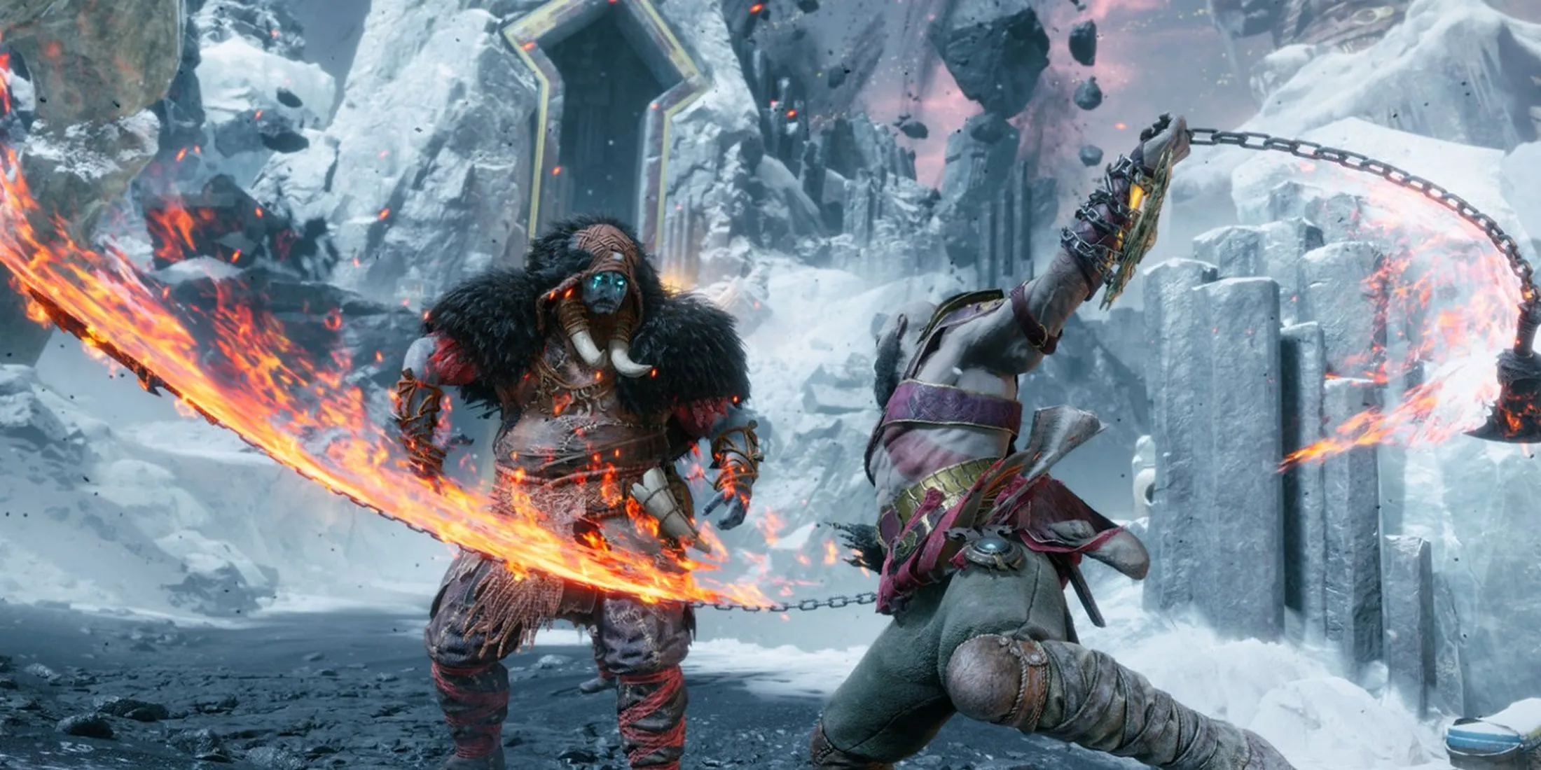 Kratos sử dụng Blades of Chaos rực lửa chiến đấu với kẻ thù mạnh mẽ trong God of War Ragnarok.