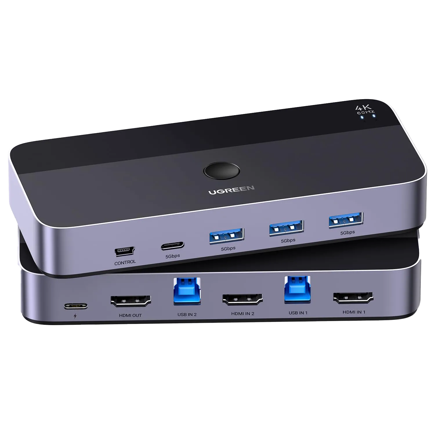 KVM Switch Ugreen USB 3.0 với các cổng kết nối và nút chuyển đổi