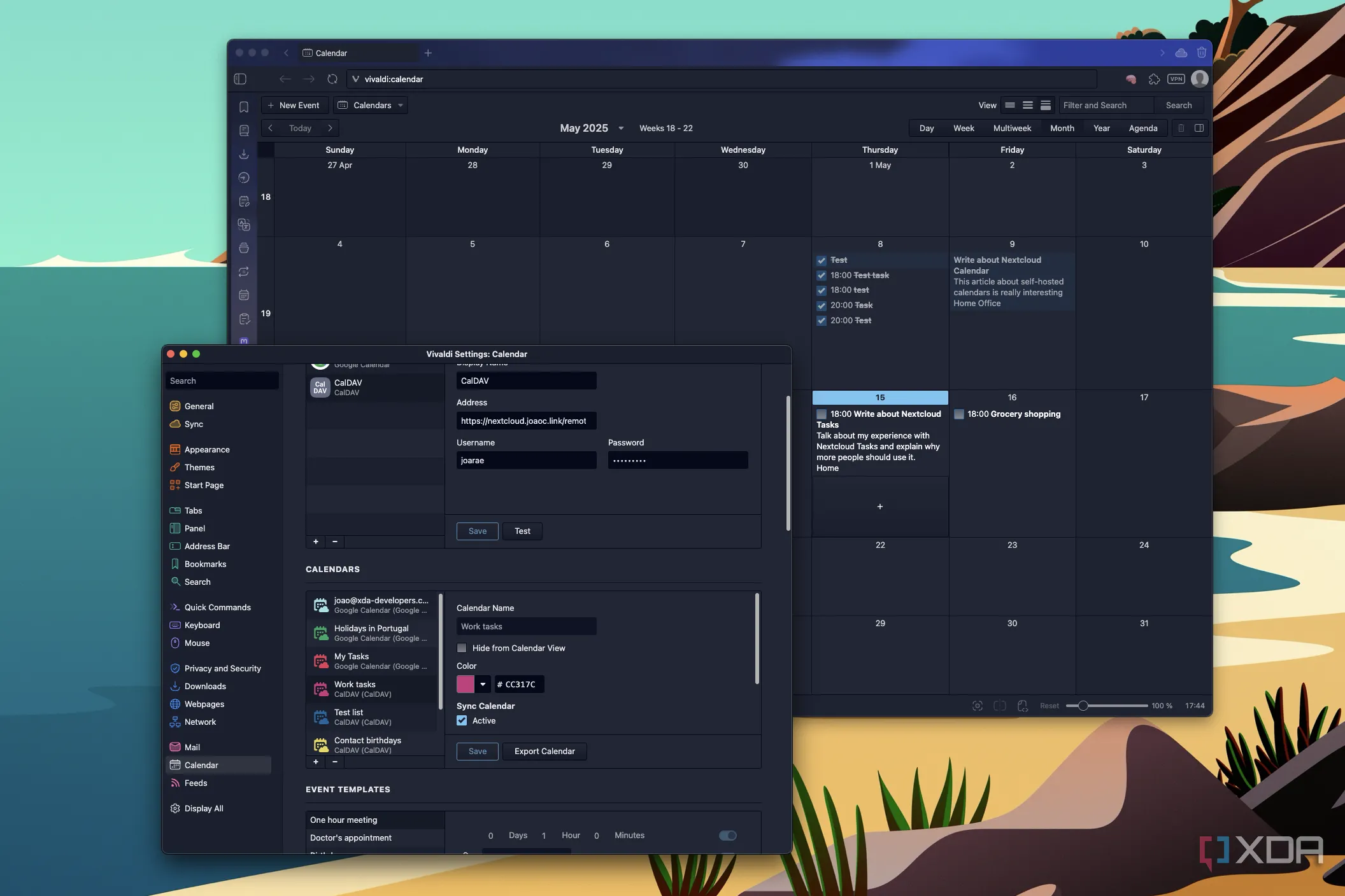 Lịch Vivaldi trên PC hiển thị tích hợp các nhiệm vụ từ Nextcloud Tasks
