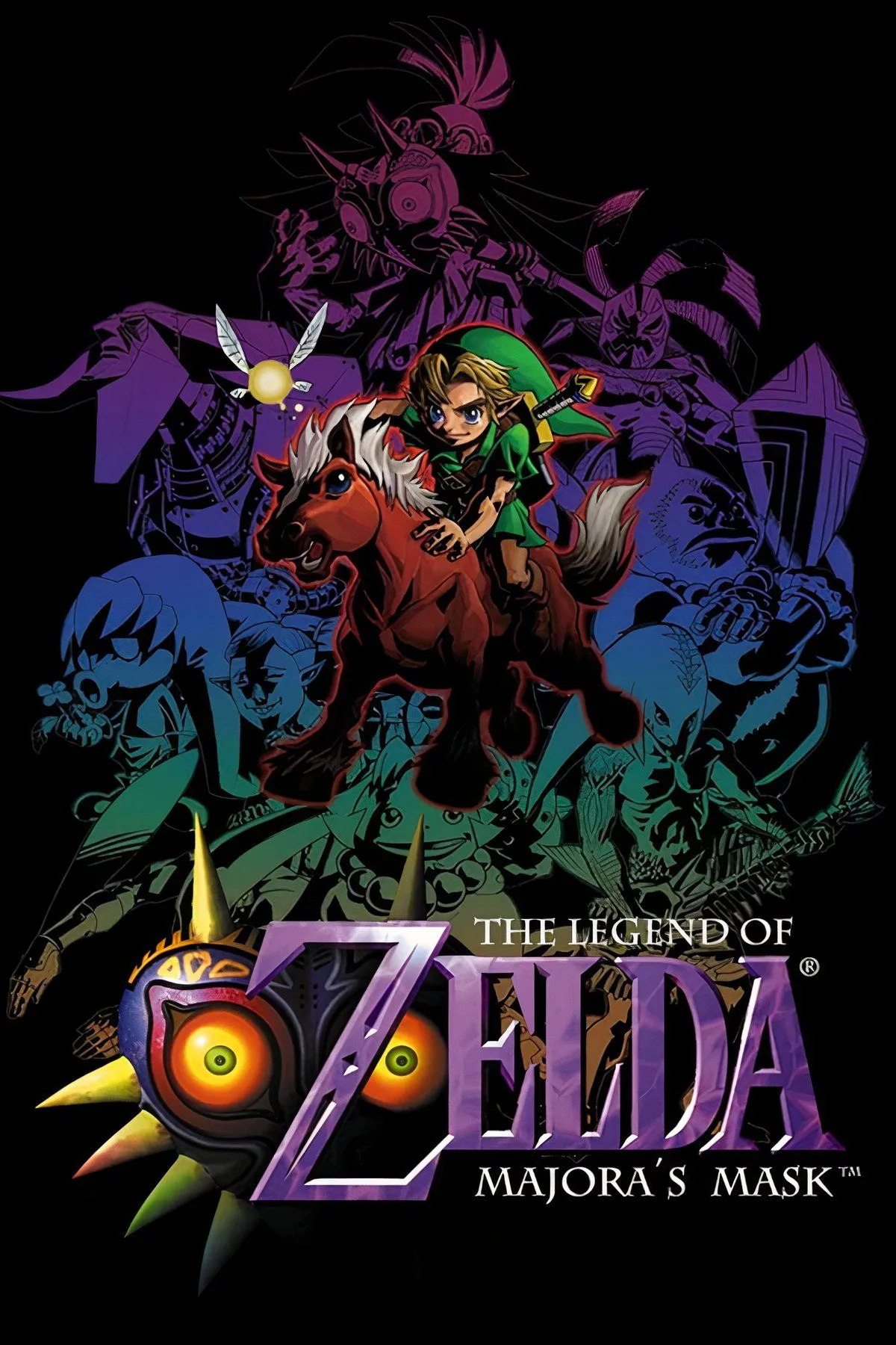 Link với chiếc Mặt Nạ Majora huyền thoại trên bìa The Legend of Zelda: Majora's Mask, một tựa game kế nhiệm độc đáo của Ocarina of Time.