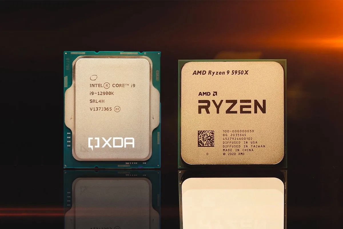 Logo Intel trên nền so sánh hiệu năng giữa Intel Core i9-12900K và AMD Ryzen 5950X