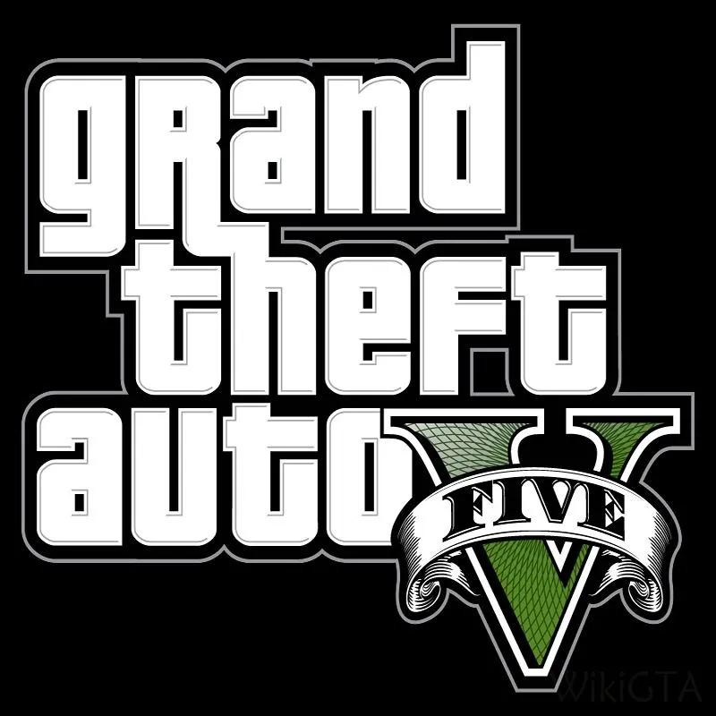 Logo trò chơi Grand Theft Auto V nổi bật trên nền thành phố Los Santos