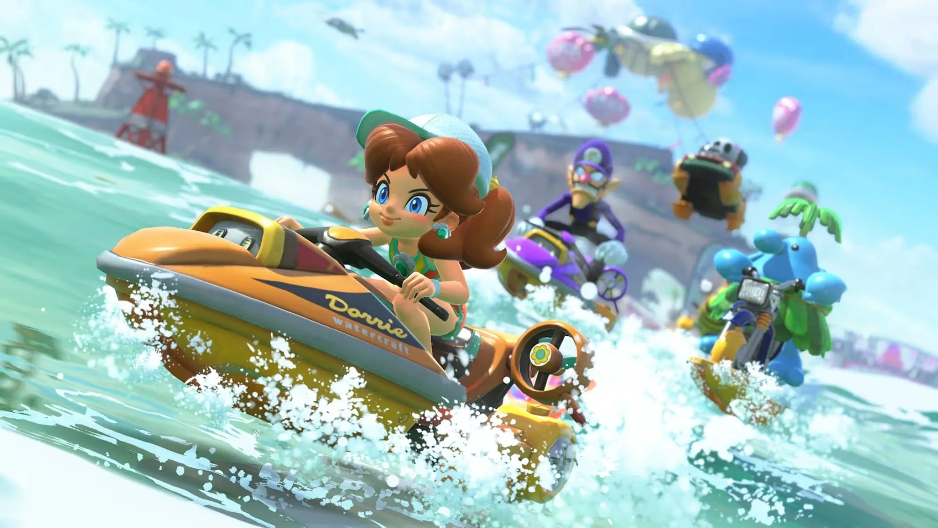 Luigi đang tăng tốc trên một đường đua đầy màu sắc của Mario Kart World