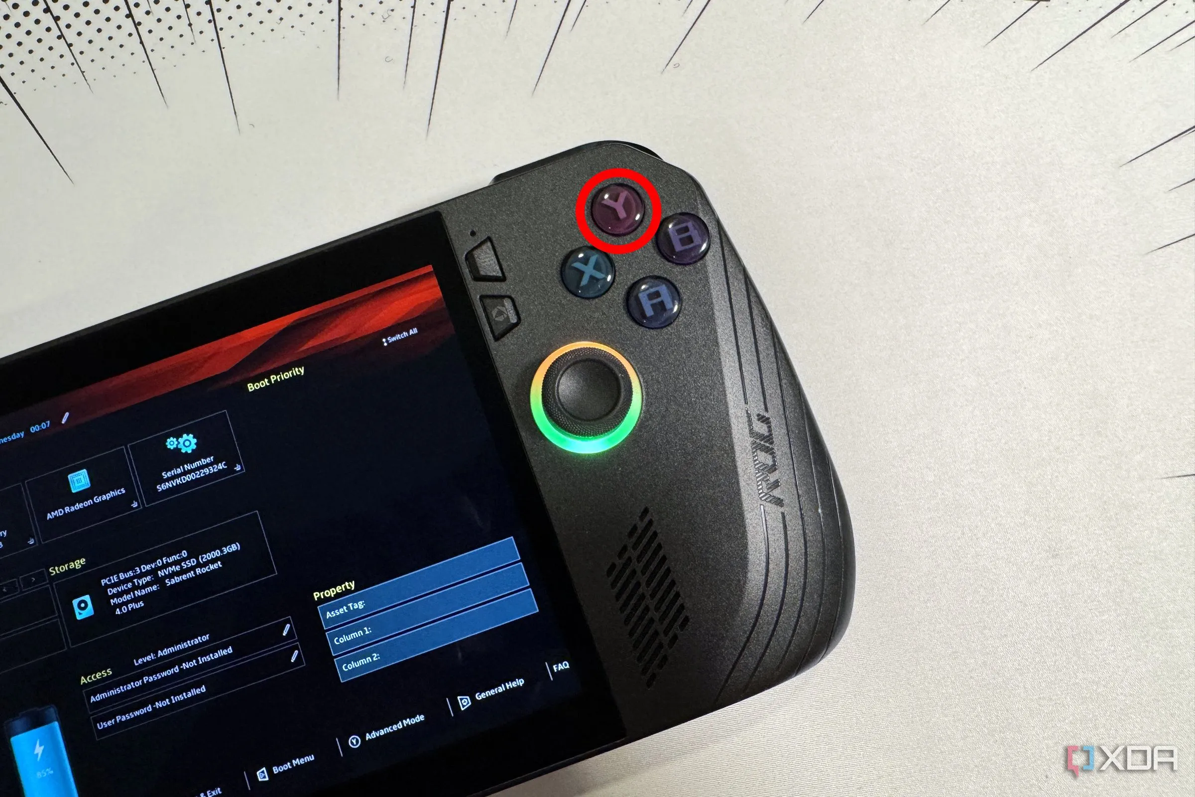 Màn hình BIOS của ROG Ally X với nút &quot;Y&quot; được đánh dấu, minh họa cho việc kiểm tra và cập nhật BIOS.
