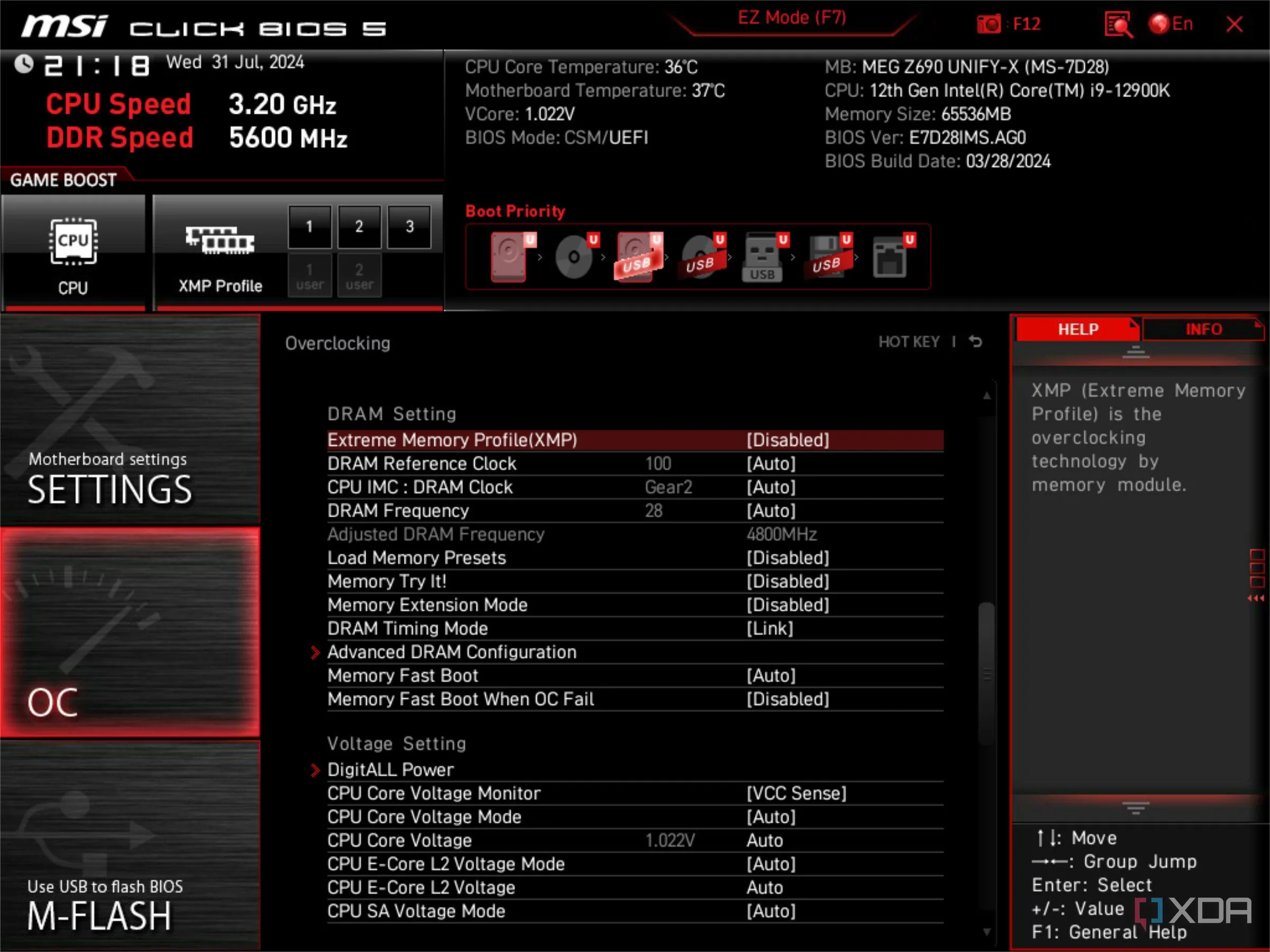 Màn hình BIOS UEFI của MSI hiển thị XMP đã tắt