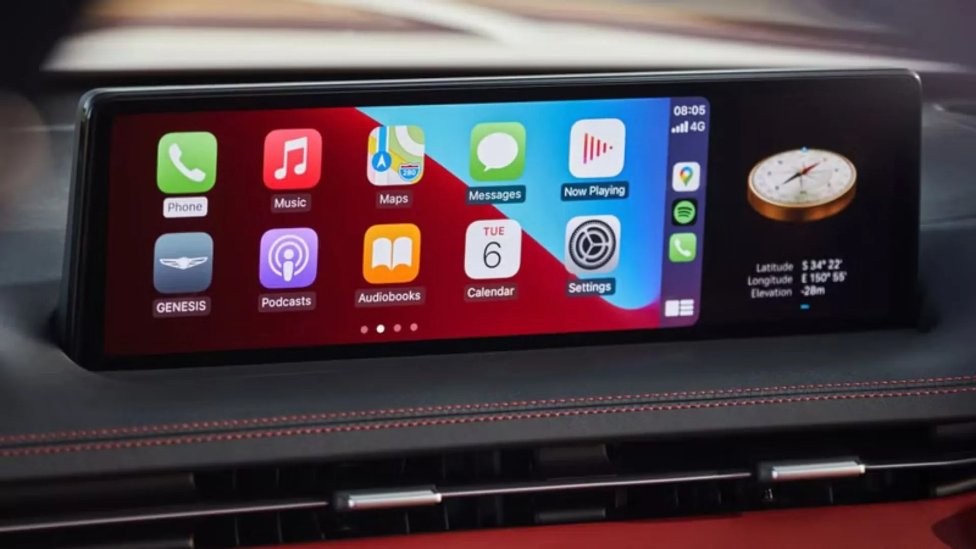 Màn hình cảm ứng 14.5 inch của Genesis GV70 hiển thị Apple CarPlay, tích hợp đầy đủ tính năng giải trí và điều hướng hiện đại.