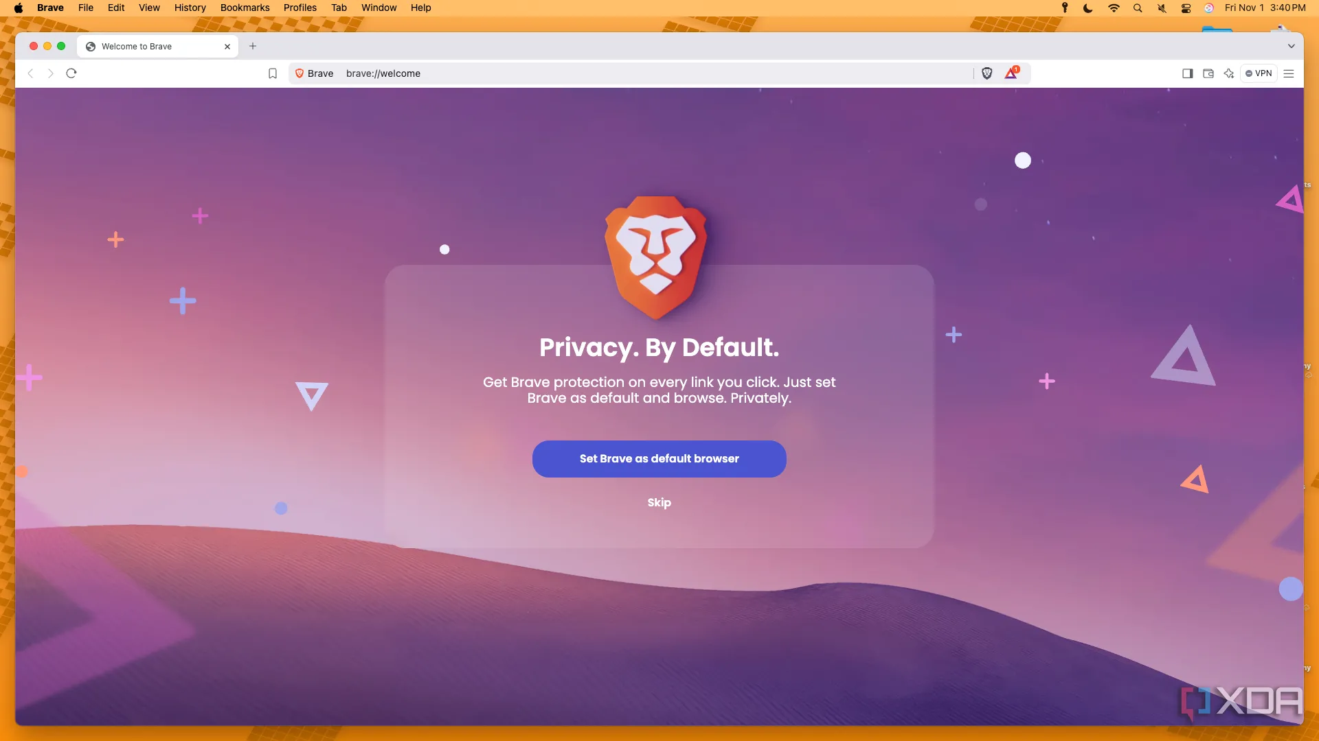 Màn hình chào mừng của trình duyệt Brave trên hệ điều hành macOS, hiển thị giao diện người dùng sạch sẽ và tập trung bảo mật.