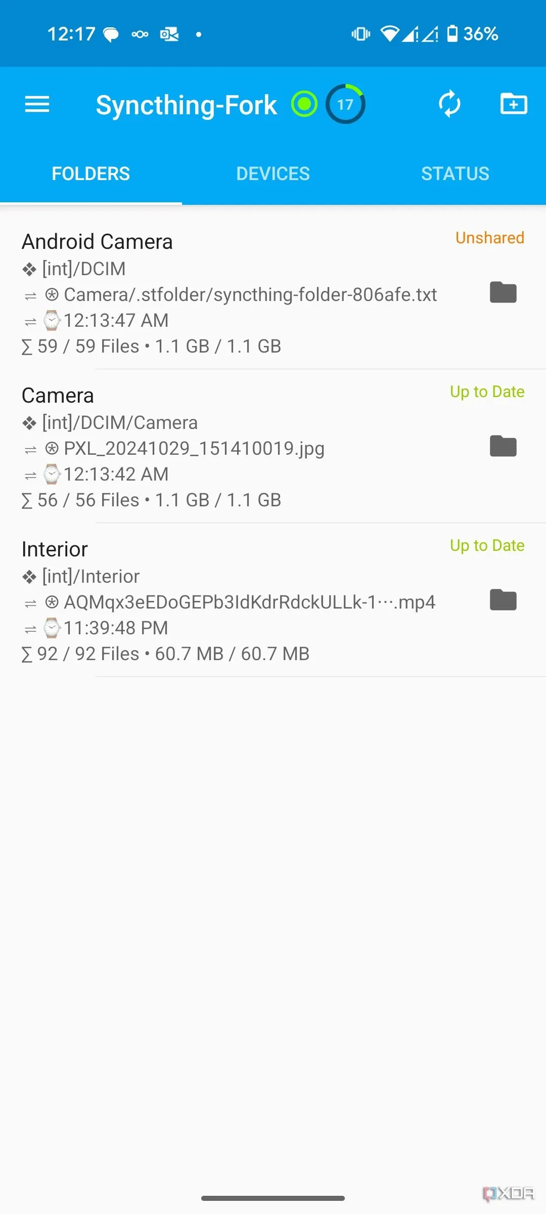 Màn hình chính của ứng dụng Syncthing trên Android hiển thị các thiết bị đã kết nối