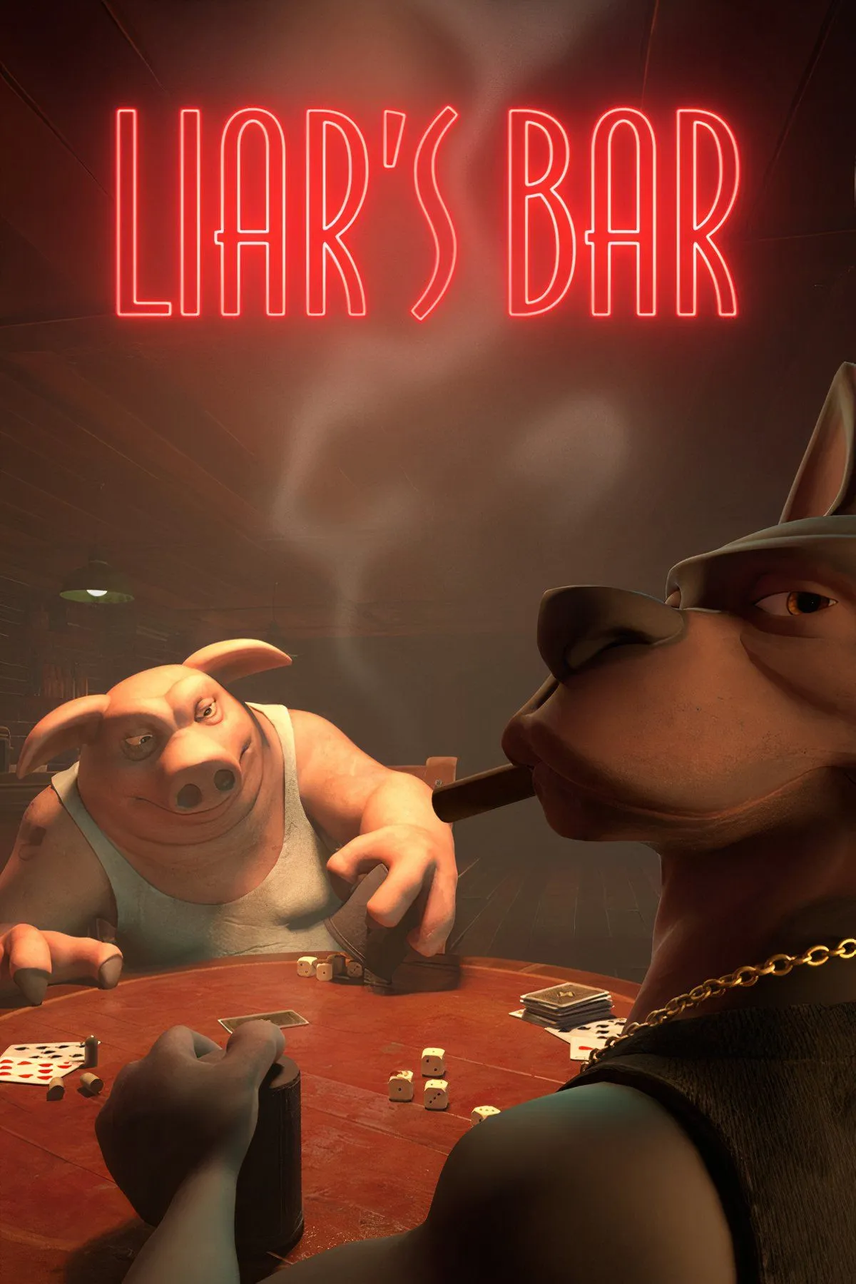 Màn hình chơi game Liar's Bar với các nhân vật hoạt hình đang chơi bài trong không khí căng thẳng