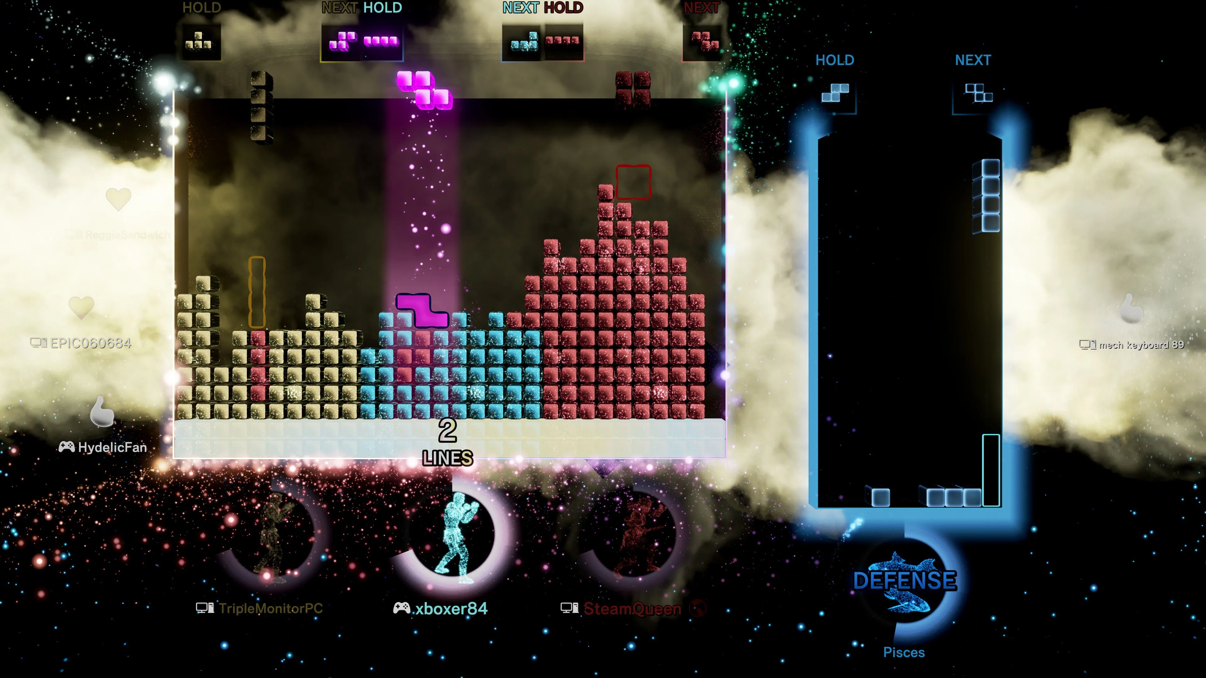 Màn hình chơi game Tetris Effect với các khối Tetrimino và hiệu ứng hình ảnh sống động, một phiên bản hiện đại của game xếp hình kinh điển.