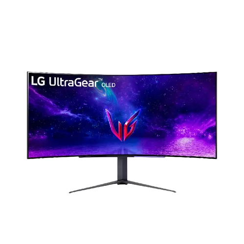 Màn hình cong OLED LG UltraGear 45GR95QE với thiết kế hiện đại, thể hiện công nghệ tấm nền cao cấp cho game thủ.