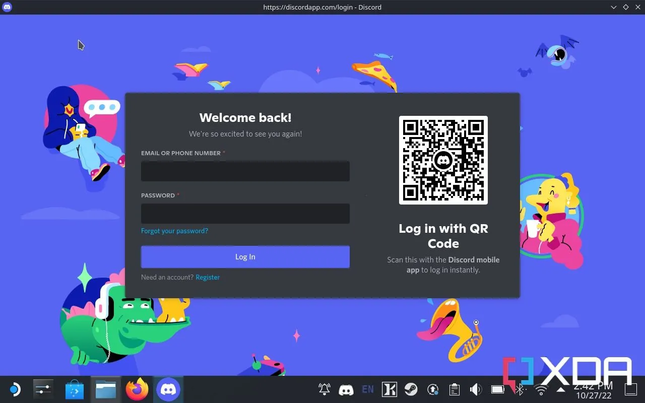 Màn hình đăng nhập Discord trên thiết bị Steam Deck, minh họa khả năng tích hợp Discord trên các nền tảng khác nhau trước những thay đổi gần đây.