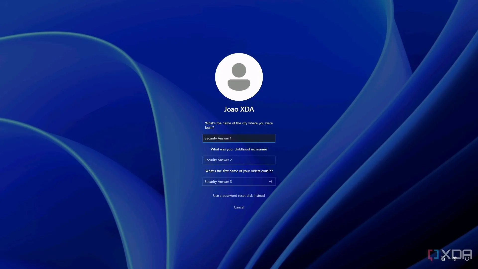 Màn hình đăng nhập Windows 11 hiển thị tùy chọn đặt lại mật khẩu tài khoản cục bộ