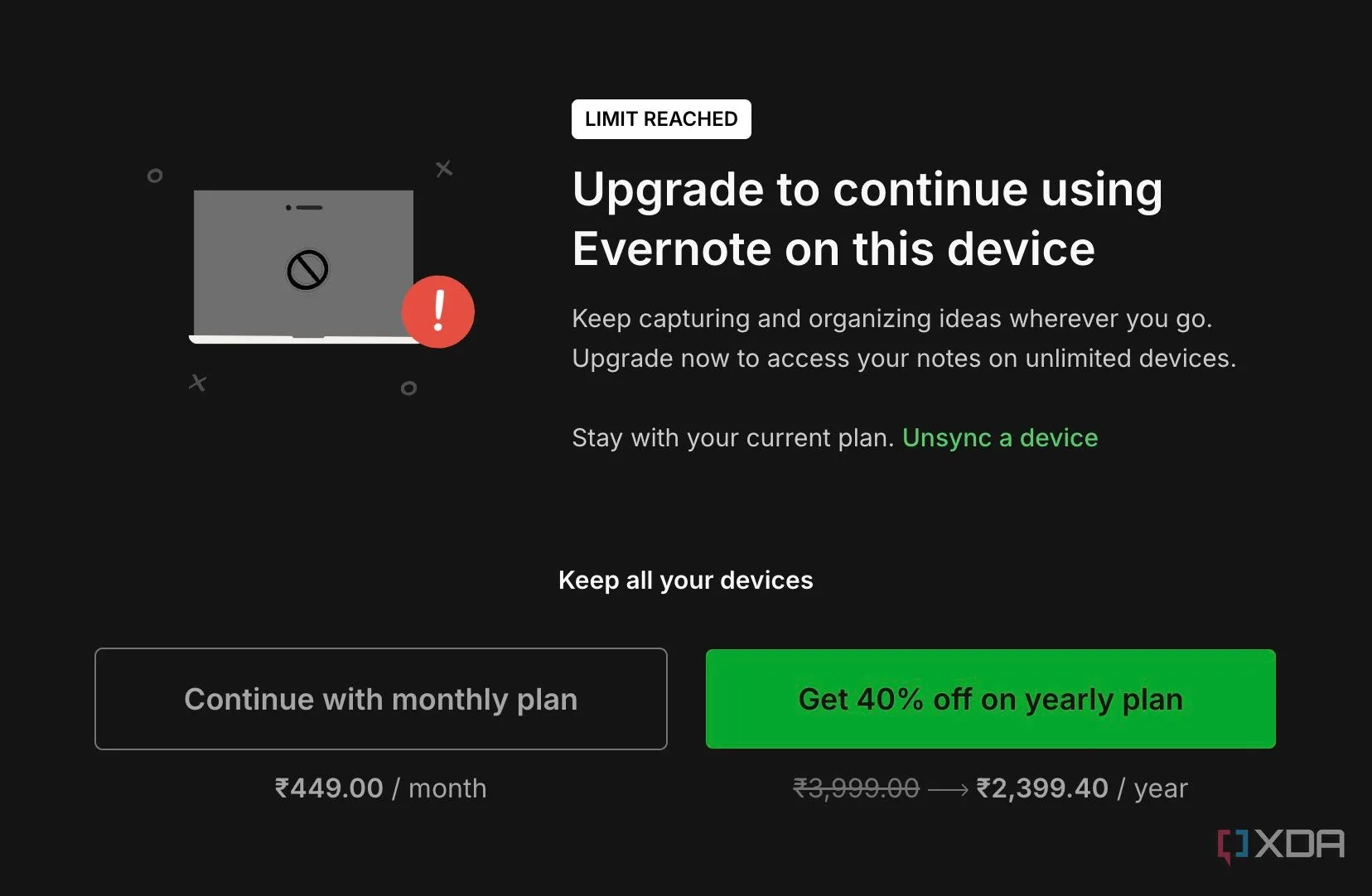 Màn hình Evernote yêu cầu nâng cấp tài khoản trả phí