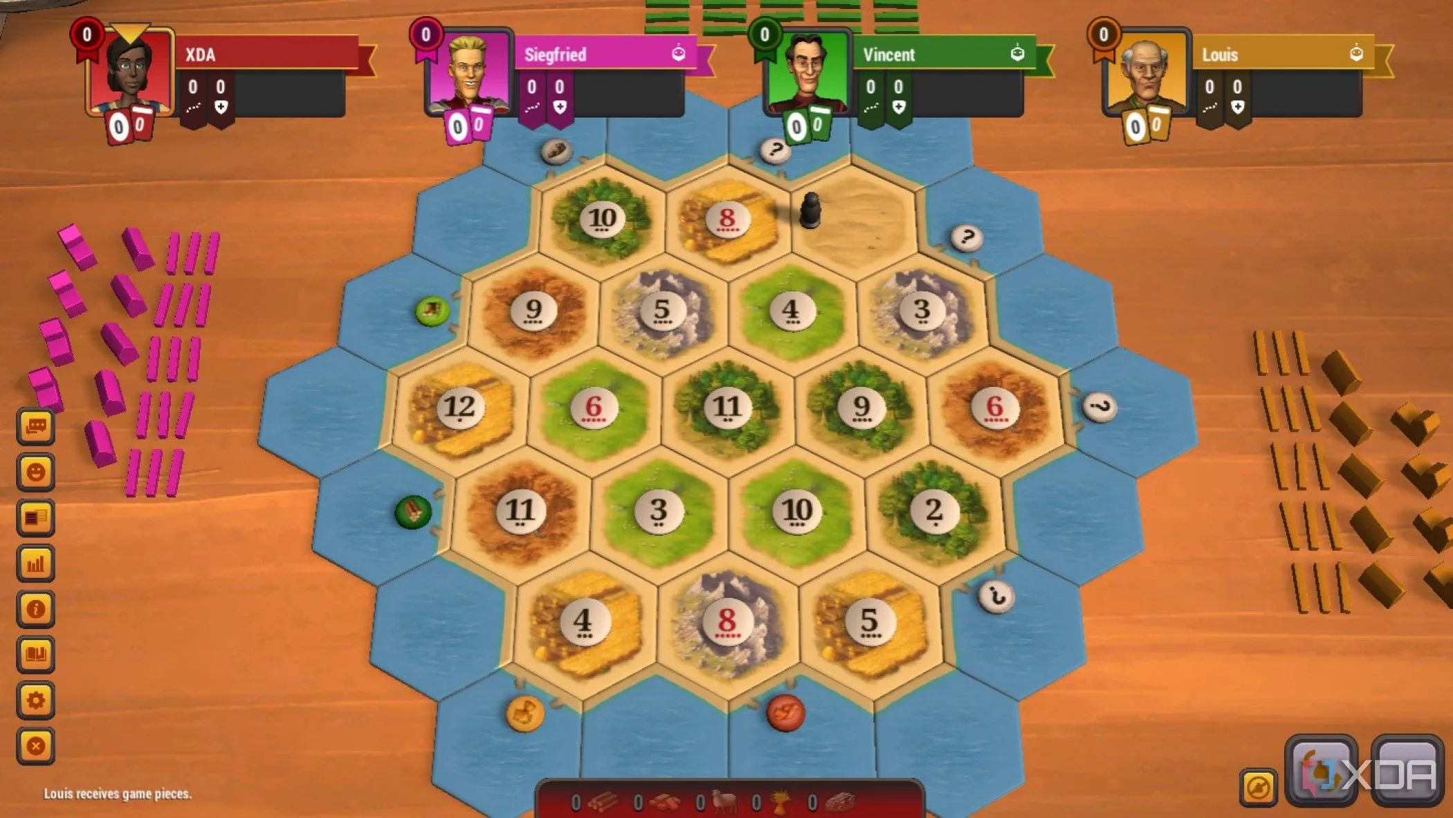 Màn hình game Catan Universe với bản đồ Catan và các yếu tố giao diện