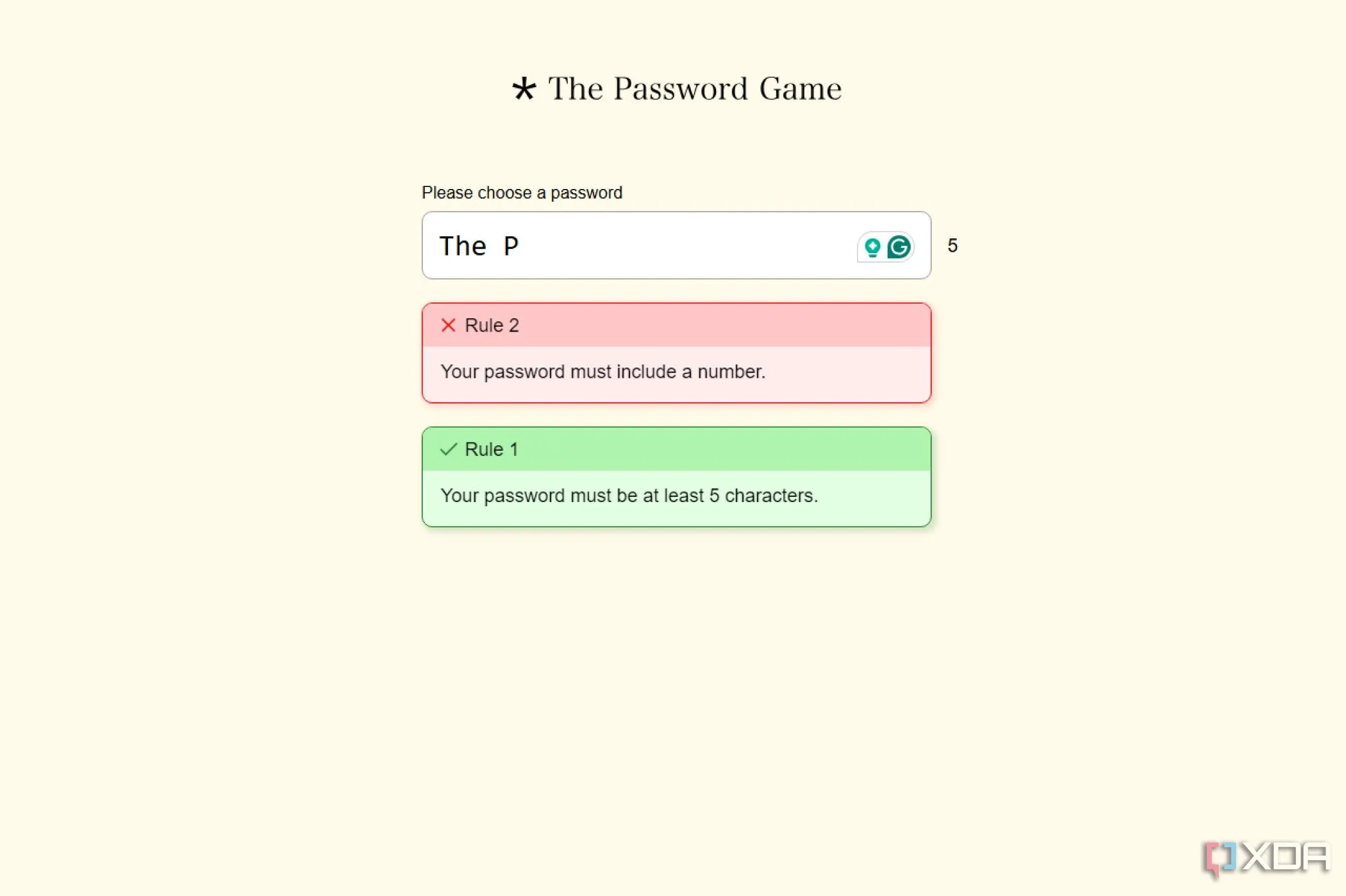 Màn hình game The Password Game với danh sách dài các yêu cầu mật khẩu đang được hiển thị