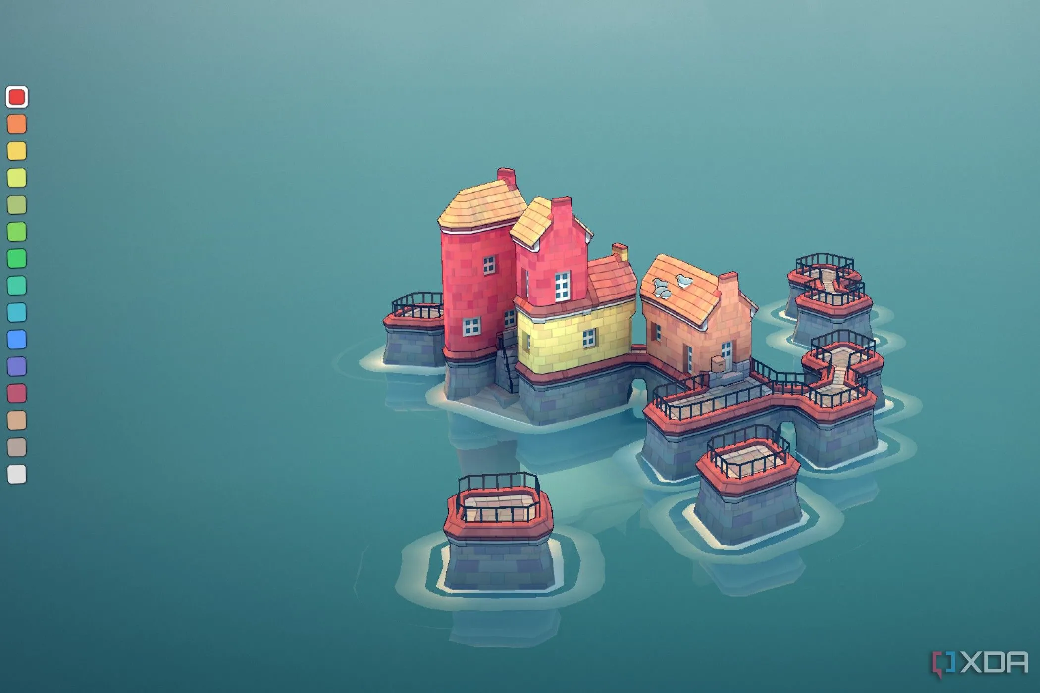 Màn hình game Townscaper với những ngôi nhà nhiều màu sắc được xây dựng trên mặt nước