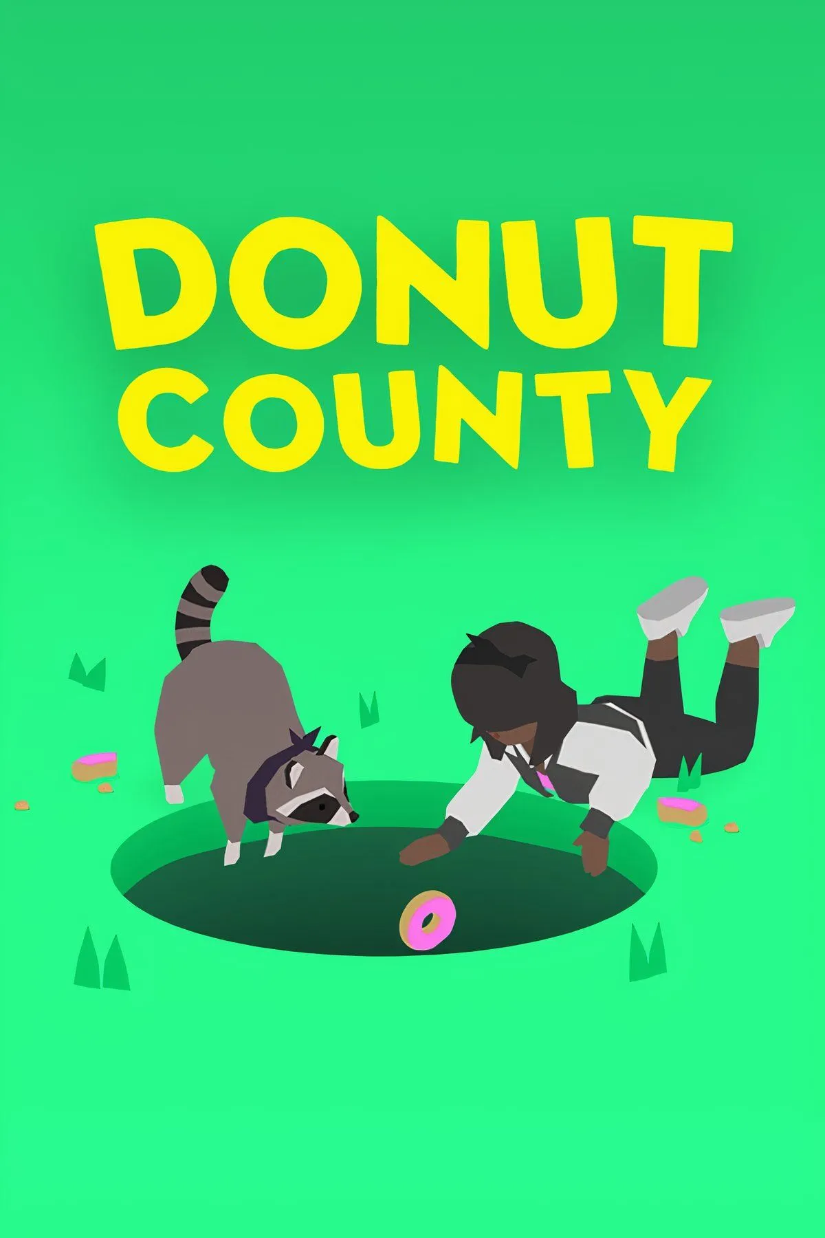 Màn hình gameplay của Donut County, một hố khổng lồ nuốt chửng các vật thể xung quanh