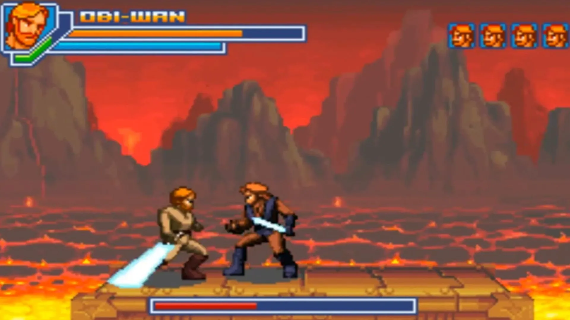 Màn hình gameplay của Star Wars Episode III: Revenge of the Sith trên hệ máy Game Boy Advance, với trận chiến hành động 2D.