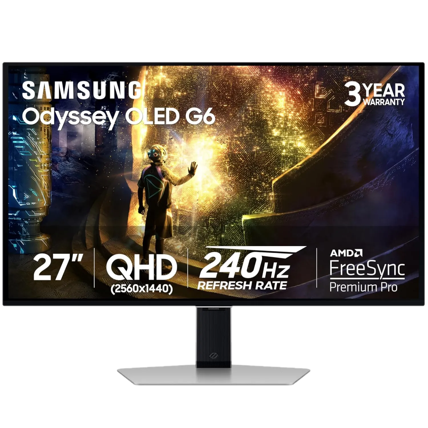 Màn hình gaming Samsung Odyssey QD-OLED G6 với thiết kế viền mỏng và màu bạc hiện đại