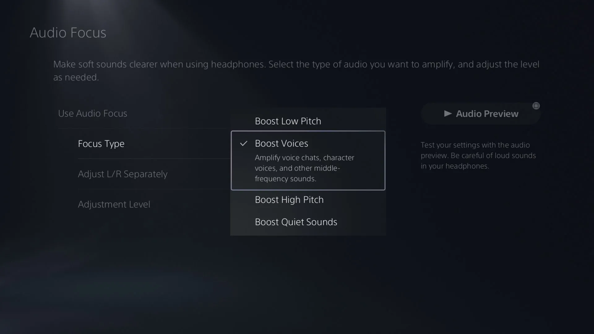 Màn hình giao diện cài đặt Audio Focus trên PS5, hiển thị các tùy chọn tăng cường âm thanh và điều chỉnh kênh