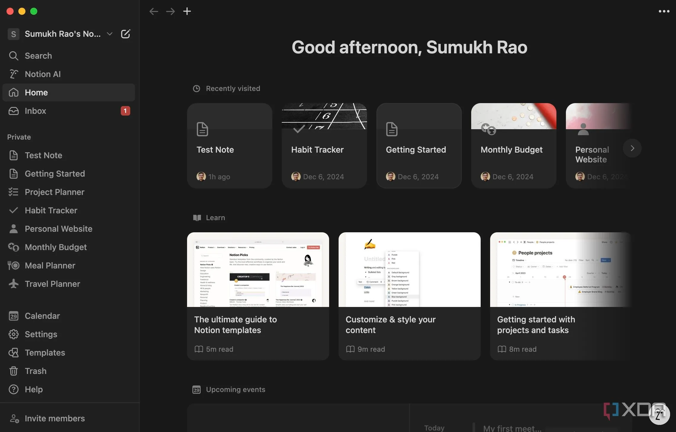 Màn hình giao diện ứng dụng Notion với nhiều tùy chọn và template
