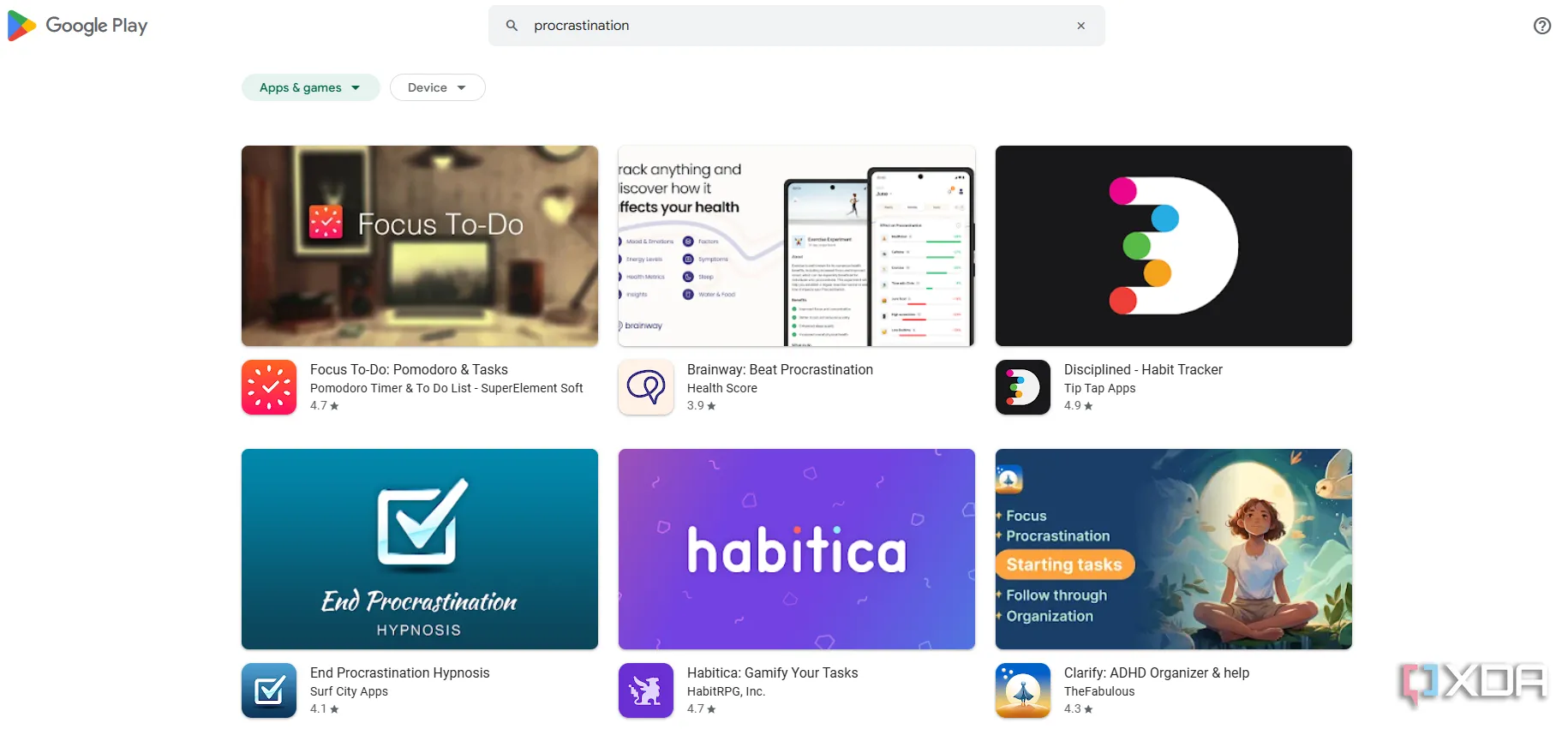 Màn hình Google Play Store hiển thị danh sách các ứng dụng giúp giải quyết sự trì hoãn, đặt ra nghi vấn về hiệu quả khoa học.