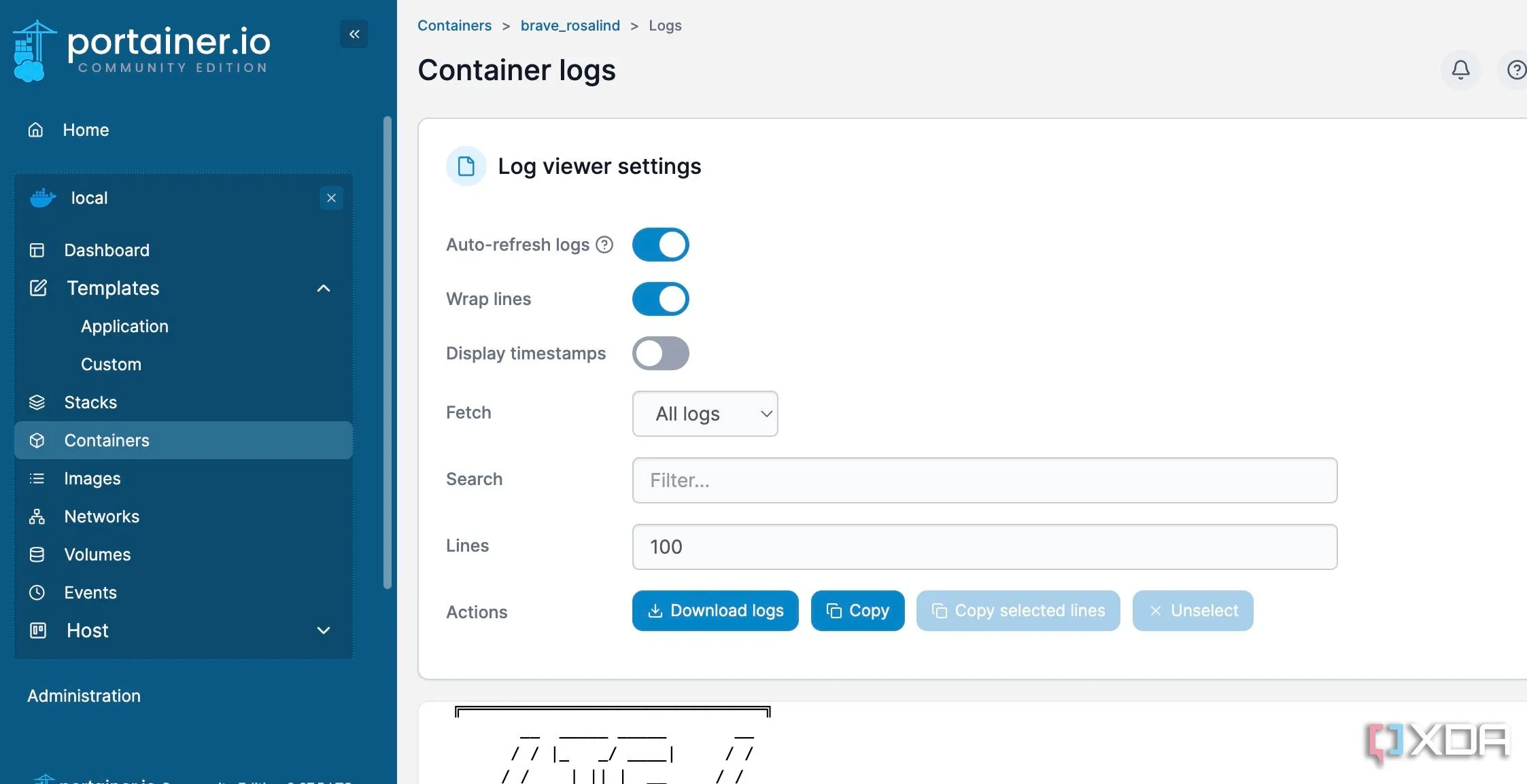 Màn hình hiển thị log của container trên Portainer, minh họa tính năng giám sát