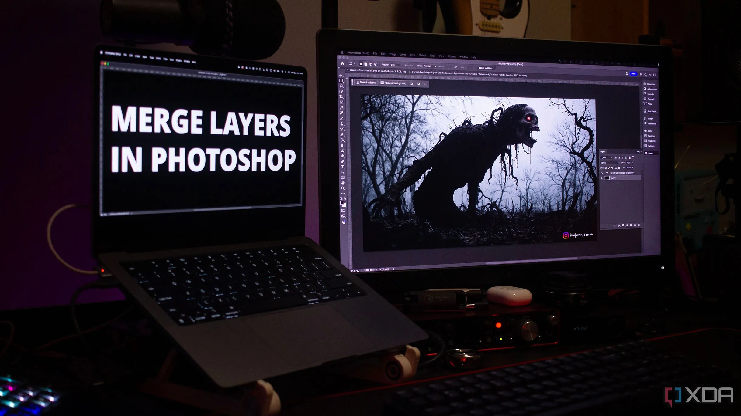 Màn hình máy tính hiển thị Adobe Photoshop với nhiều lớp layer đang được chọn để gộp lại, minh họa các công cụ ghép và chỉnh sửa ảnh chuyên nghiệp.