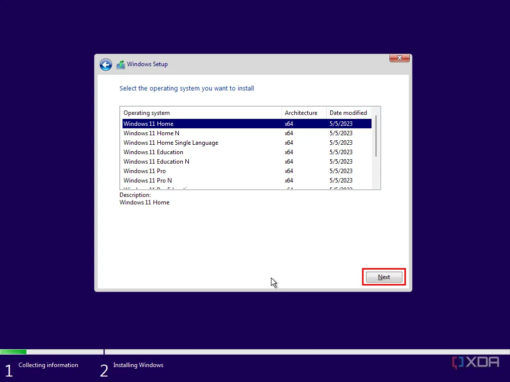 Màn hình môi trường cài đặt Windows, yêu cầu người dùng chọn phiên bản Windows 11 phù hợp, minh họa quy trình cài đặt lại hệ điều hành sạch.