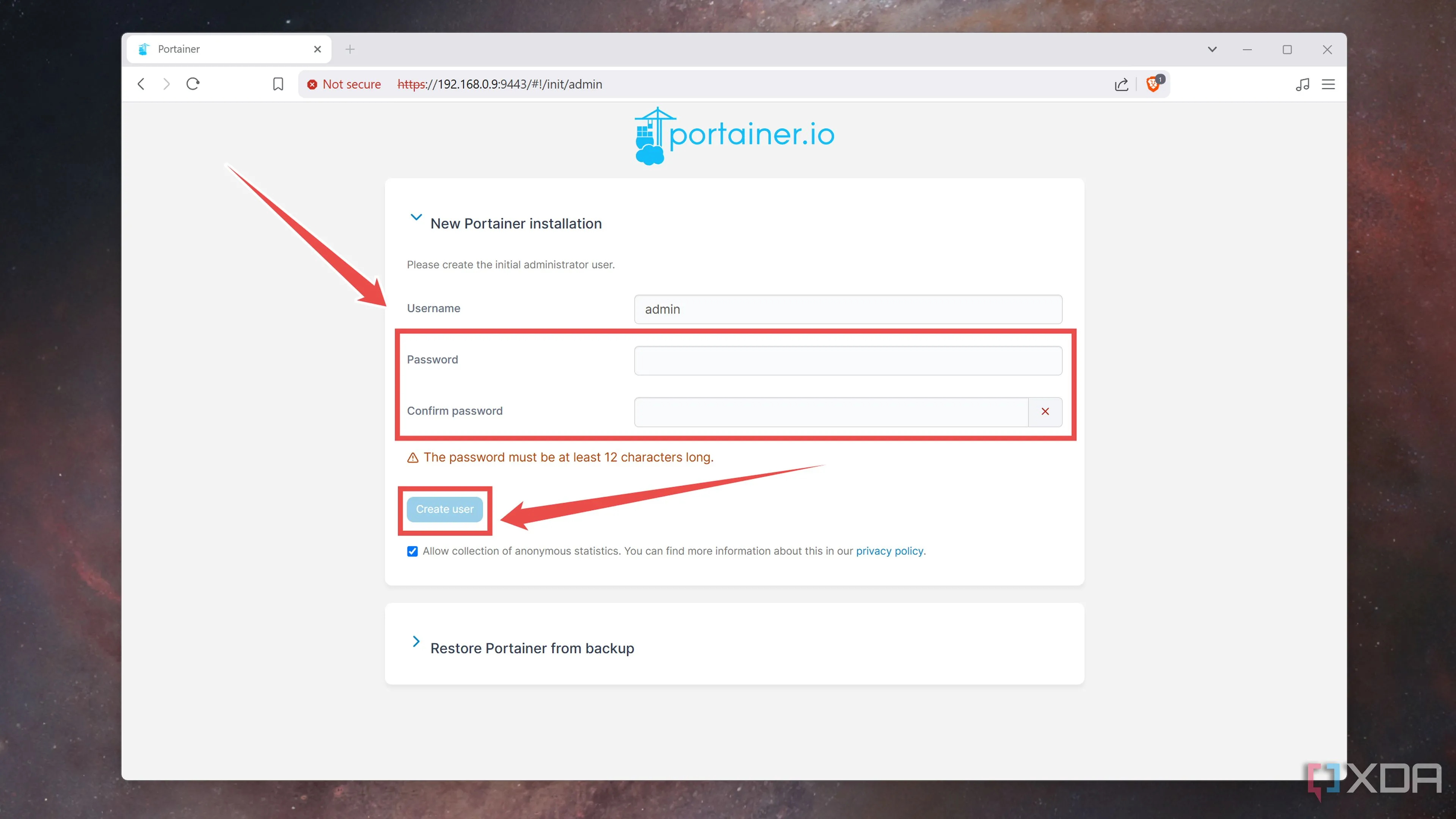 Màn hình tạo tài khoản người dùng admin đầu tiên trên Portainer