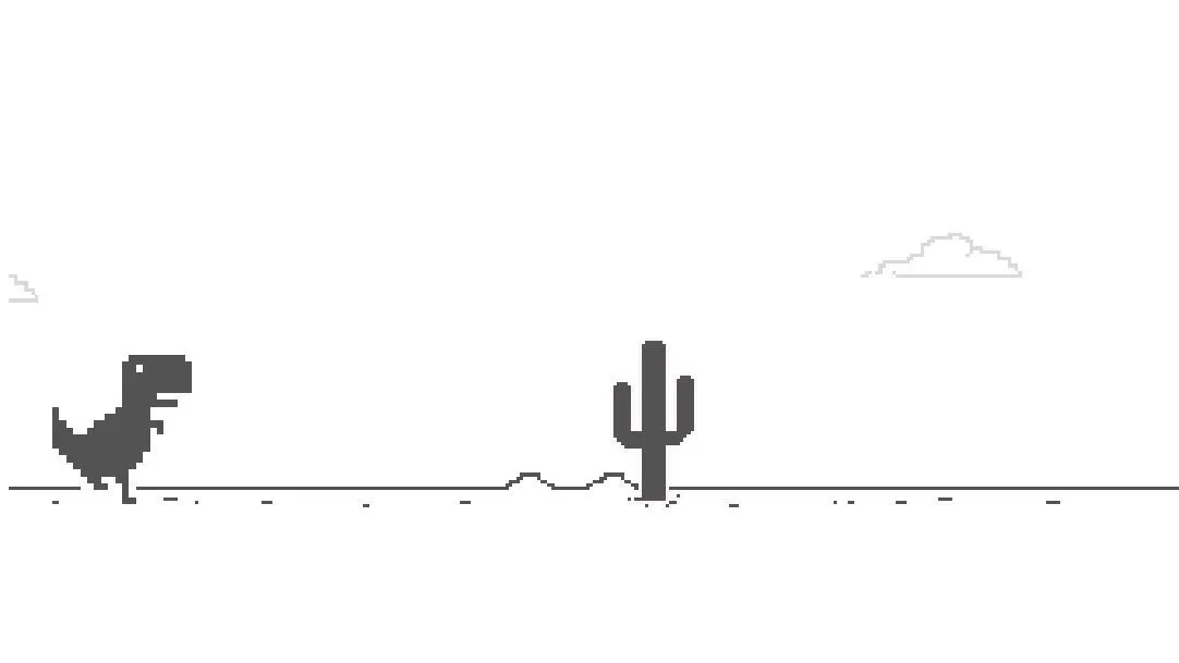 Màn hình trò chơi khủng long Dinosaur Game của Chrome với chú T-Rex nhảy qua xương rương