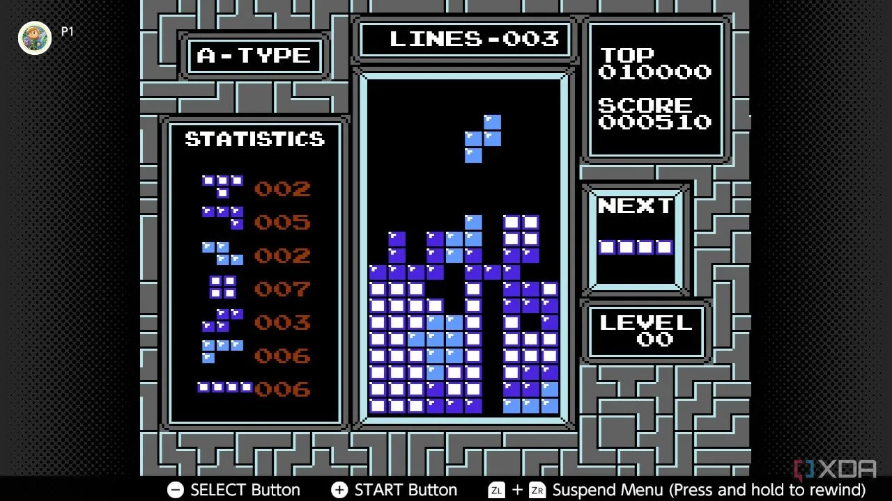 Màn hình trò chơi Tetris trên NES đang chơi trên dịch vụ Nintendo Switch Online