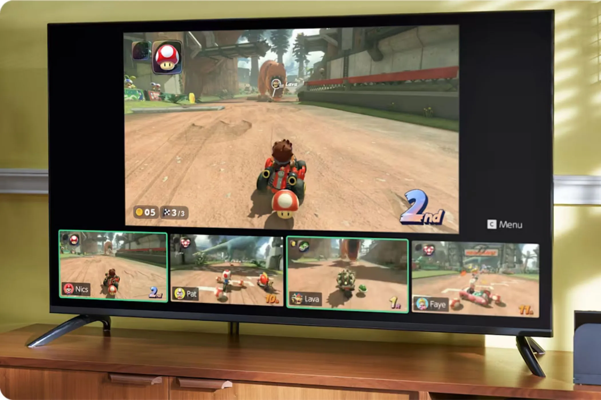 Màn hình TV hiển thị game Mario Kart trên Nintendo Switch 2