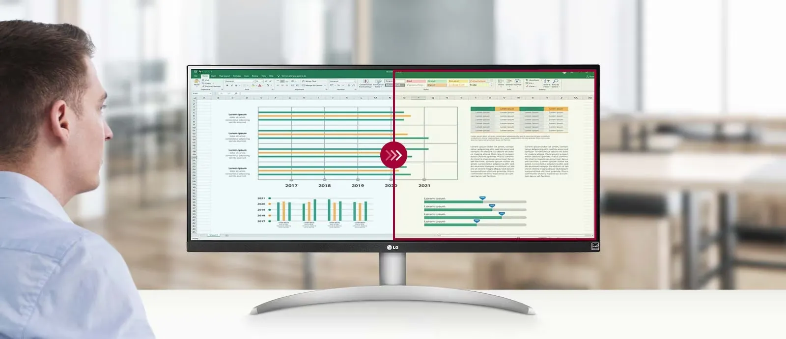 Màn hình ultrawide hiển thị nhiều cửa sổ được sắp xếp khoa học