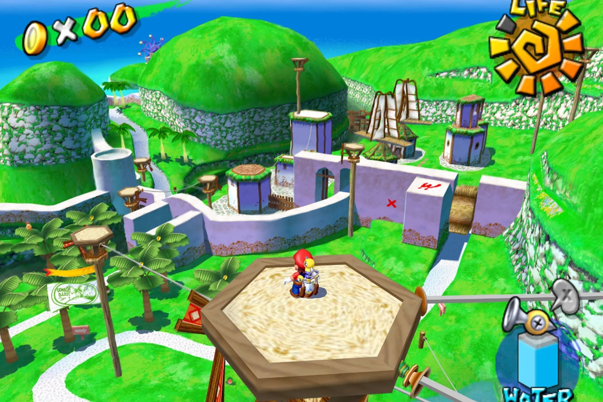 Mario sử dụng thiết bị FLUDD trên đỉnh tháp tại Đảo Delfino trong Super Mario Sunshine