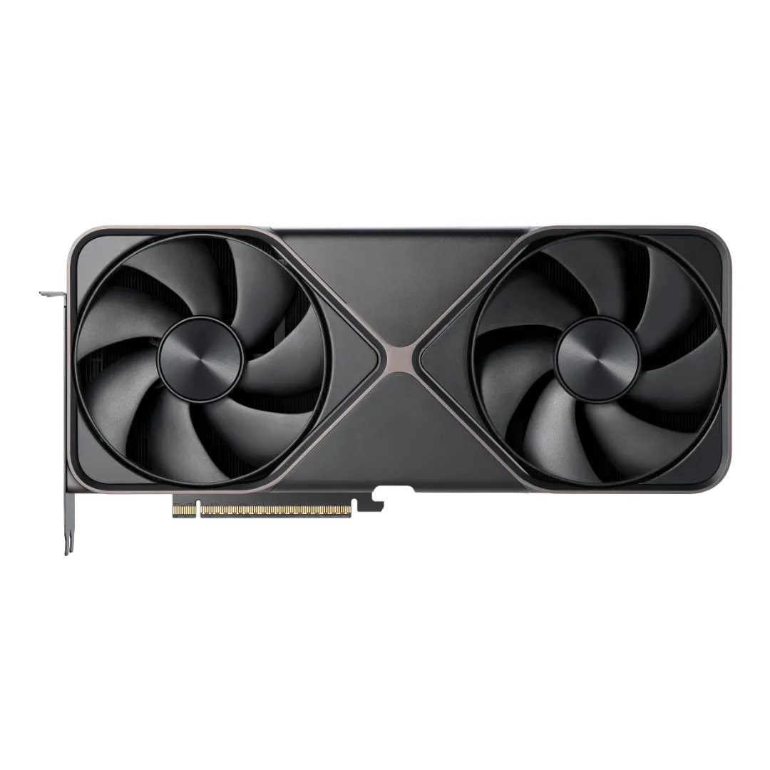 Mặt trước của card đồ họa Nvidia GeForce RTX 5080 Founders Edition thể hiện hệ thống tản nhiệt và cổng nguồn 12VHPWR
