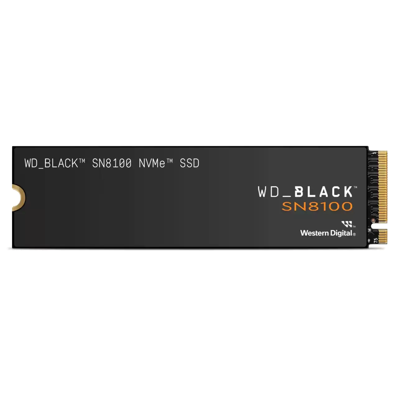 Mặt trước của ổ cứng SSD WD_Black SN8100 NVMe PCIe 5.0 không kèm tản nhiệt, thể hiện thiết kế nhỏ gọn và mạnh mẽ của dòng sản phẩm mới.
