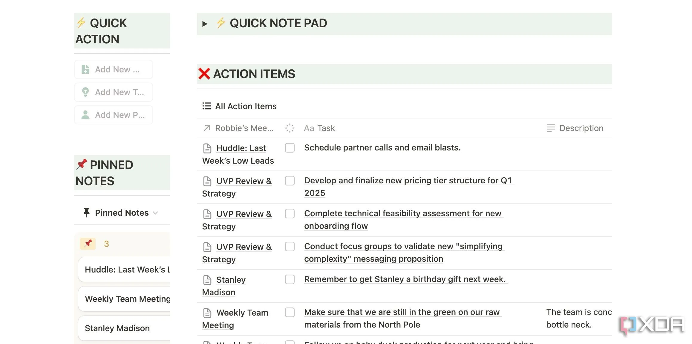 Mẫu ghi chú cuộc họp trong thư viện Notion templates giúp theo dõi dự án